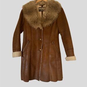 GUESS Women's Brown Coat with Faux Fur Collar in Size S